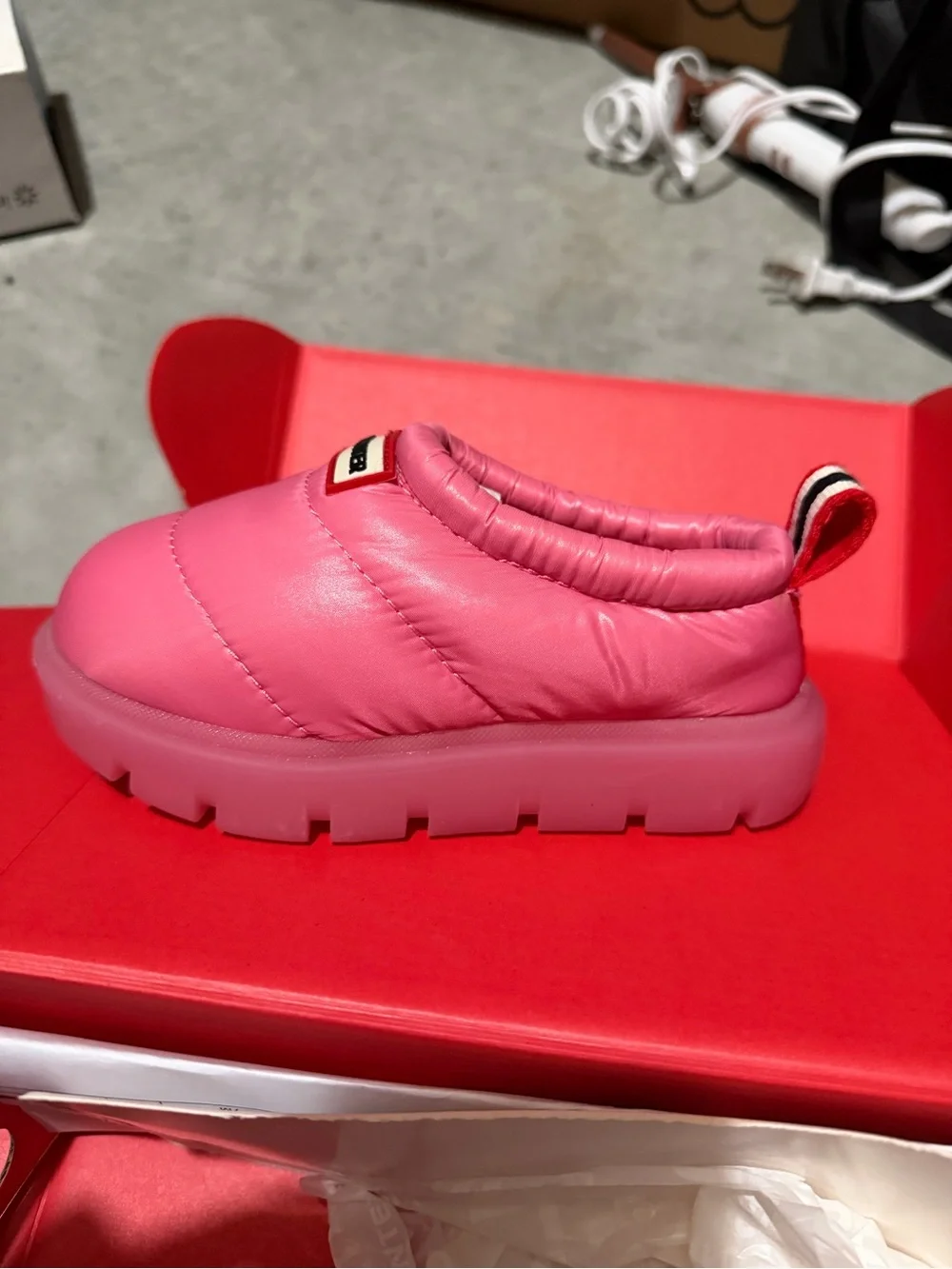Hunter Kids Quilted Slip-On Shoes in Bright Pink with Logo Tab